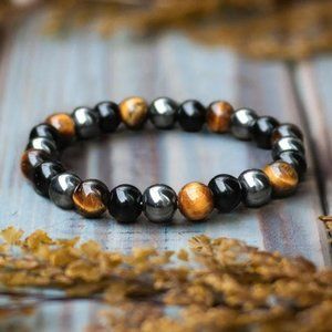 10mm Beaded Triple Protection Tiger Eye Obsidian Hematite Men Stretchy Bracelet